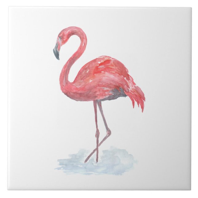 Rosa Flamingo, vattenfärg. Kakelplatta (Framsidan)