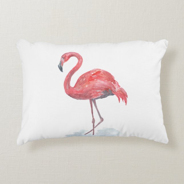 Rosa Flamingo, vattenfärg. Prydnadskudde (Framsidan)