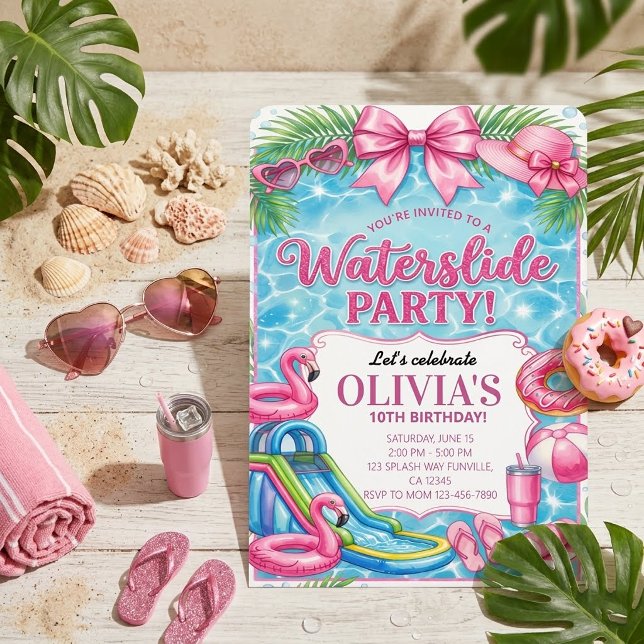  Rosa Flamingo Vattenrutschbana Poolparty Födelsed Inbjudningar (Skapare uppladdad)