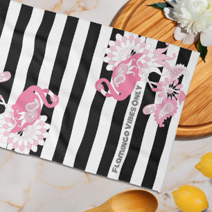 Rosa Flamingo Vibrationer Endast Svart & Vitt Rand Kökshandduk