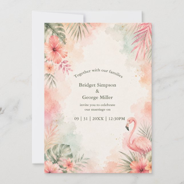 Rosa Flamingo Vintage Blommig Tropisk Bröllop Inbjudningar (Framsida)