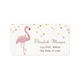 Rosa Flamingo, vit,Faux guldfettkonfetti Adressetikett