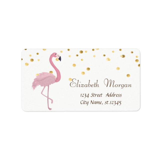 Rosa Flamingo, vit,Faux guldfettkonfetti Adressetikett (Framsidan)