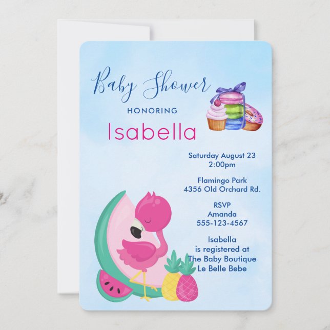Rosa Flamingo w/ Tropical Fruits Baby Shower Inbjudningar (Framsida)