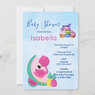 Rosa Flamingo w/ Tropical Fruits Baby Shower Inbjudningar