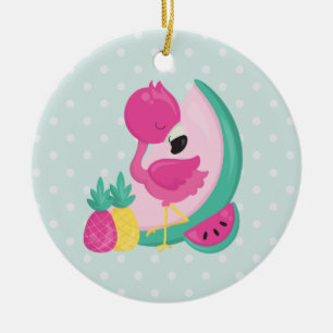 Rosa Flamingo w/ Tropical Fruits on Polka dots Julgransprydnad Keramik