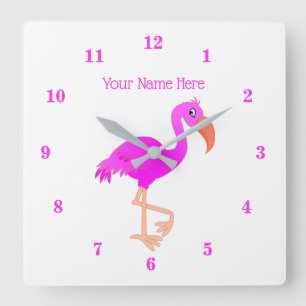 Rosa Flamingo Wall Clock med Anpassningsbar Text N Fyrkantig Klocka