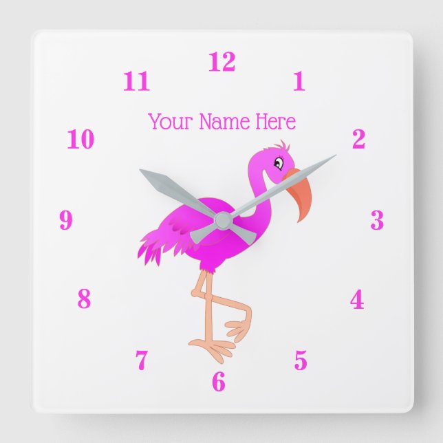 Rosa Flamingo Wall Clock med Anpassningsbar Text N Fyrkantig Klocka (Framsida)
