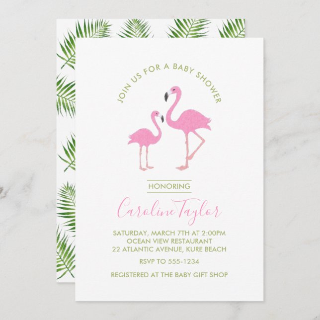 Rosa Flamingo Watercolor Baby Shower Inbjudningar (Fram/baksida)