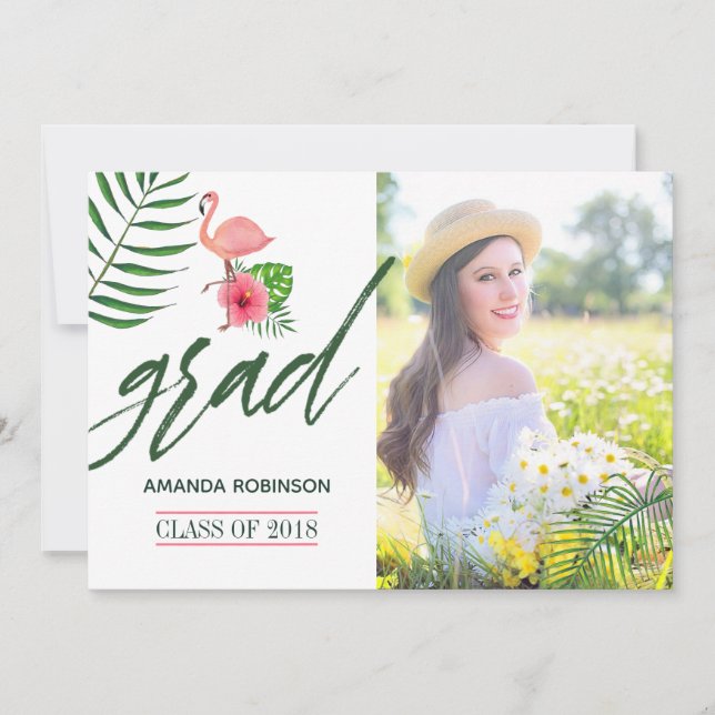 Rosa Flamingo Watercolor Luau Grad Announcement Meddelande (Framsida)