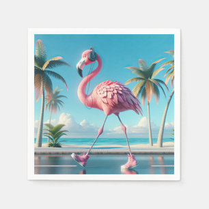 Rosa Flamingo Wearing Sneakers och hörlurar Pappersservett