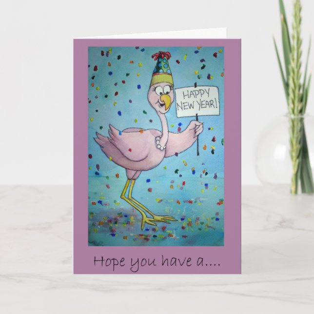 Rosa Flamingo Whimsical Funny Bird Painting Helgkort (Framsida)