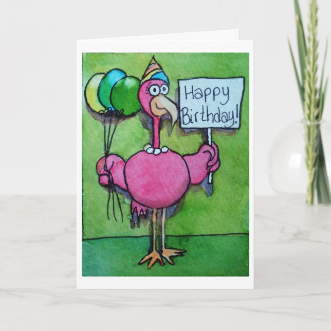 Rosa Flamingo Whimsical Funny Bird Painting Kort (Framsida)