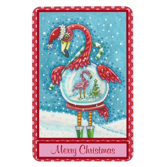 ROSA FLAMINGO WHITE CHRISTMAS SNÖ GLOBE MAGNET (Vertikal)