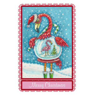 ROSA FLAMINGO WHITE CHRISTMAS SNÖ GLOBE MAGNET