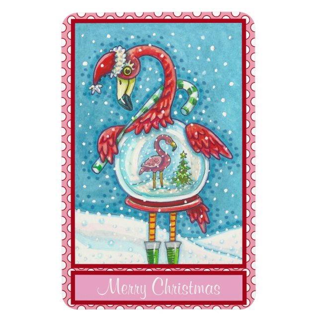 ROSA FLAMINGO WHITE CHRISTMAS SNÖ GLOBE MAGNET (Vertikal)