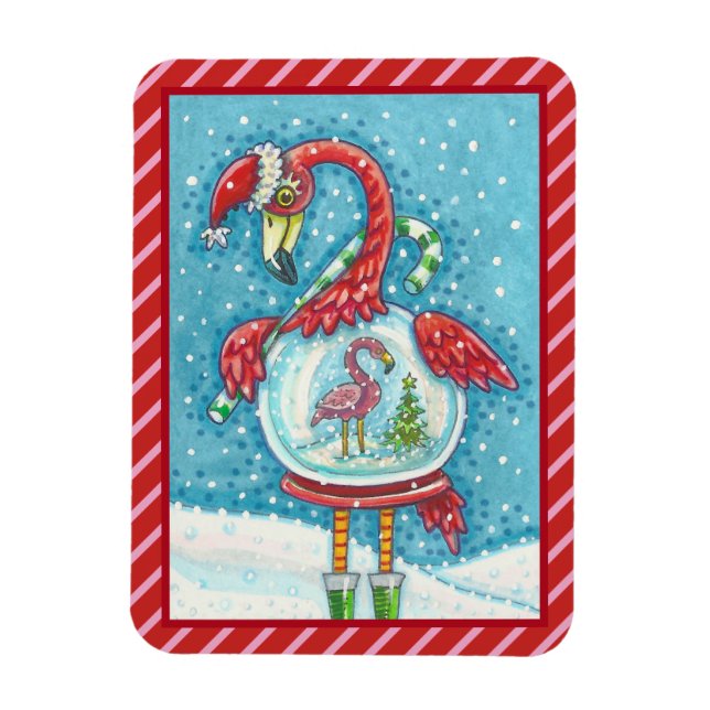 ROSA FLAMINGO WHITE CHRISTMAS SNOWGLOBE MAGNET (Vertikal)