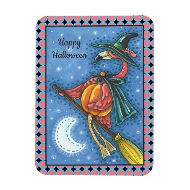 ROSA FLAMINGO WITCH, FLYGER ÖVER MÅNE PÅ EN BROMMA MAGNET (Vertikal)