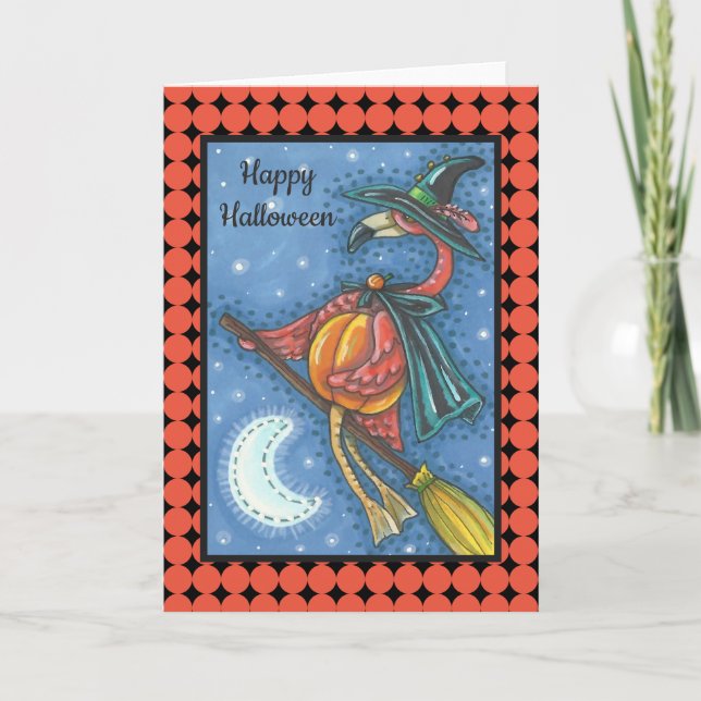 ROSA FLAMINGO WITCH HALLOWEEN GREETING CARD Blank Kort (Framsida)