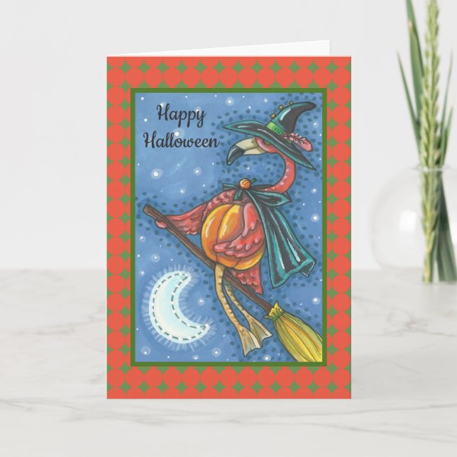 ROSA FLAMINGO WITCH HALLOWEEN GREETING CARD Blank Kort (Framsida)