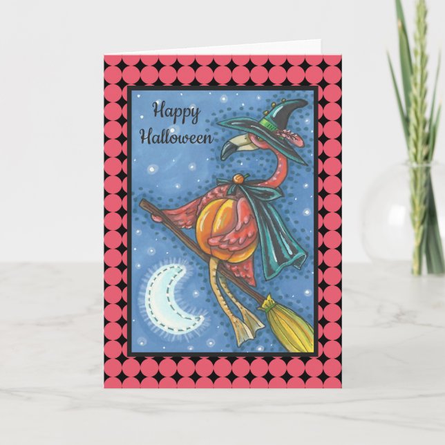 ROSA FLAMINGO WITCH HALLOWEEN GREETING CARD Blank Kort (Framsida)