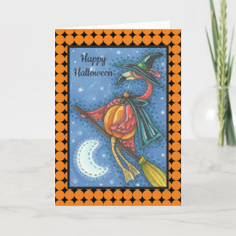 ROSA FLAMINGO WITCH HALLOWEEN GREETING CARD Blank Kort