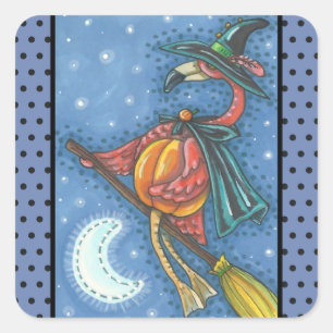 ROSA FLAMINGO WITCH, HALLOWEEN STICKERS Lakan Squ. Fyrkantigt Klistermärke
