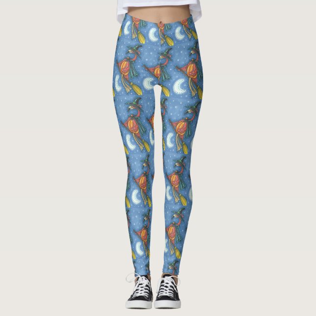 ROSA FLAMINGO WITCH ON BROOM HALLOWEEN LEGGINGS (Framsida)