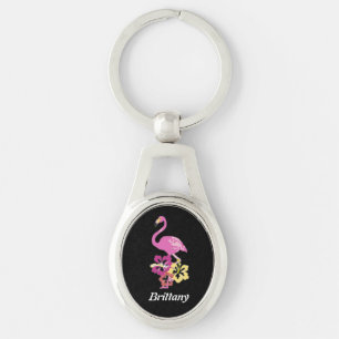 Rosa Flamingo with Hibiscus Flowers Metall Keychai Ovalt Silverfärgad Nyckelring