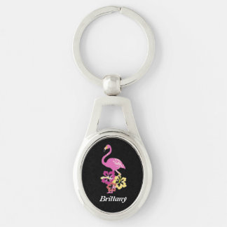 Rosa Flamingo with Hibiscus Flowers Metall Keychai Ovalt Silverfärgad Nyckelring
