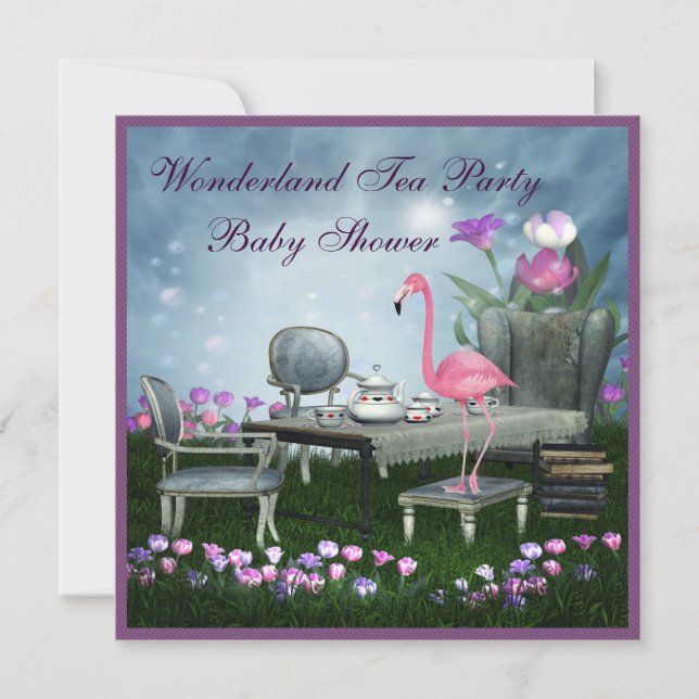 Rosa Flamingo Wonderland Tea Party Baby Shower Inbjudningar (Framsida)