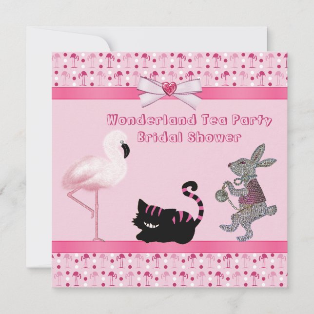 Rosa Flamingo Wonderland Tea Party Möhippa Inbjudningar (Framsida)
