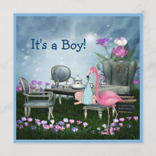 Rosa Flamingo Wonderland Teservering Pojke Baby Sh Inbjudningar