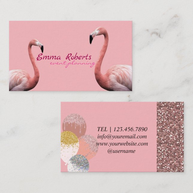 Rosa Flamingoballonger Modern Evenemangsplanering Visitkort (Fram/baksida)