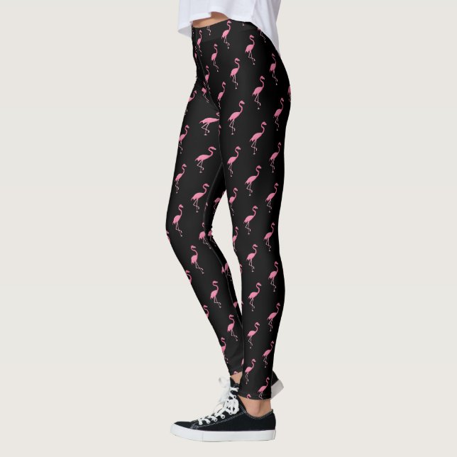 Rosa flamingoillustration på svart mönster leggings (Vänster)