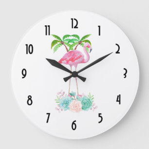 Rosa Flamingopalmträd och blom- suckulenter Stor Klocka