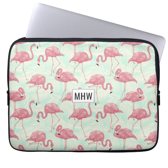 Rosa Flamingos anpassningsbar monogram laptop slee Fodral (Framsidan)