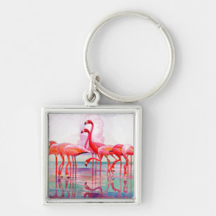 Rosa Flamingos av Francis Lee Jacques Fyrkantig Silverfärgad Nyckelring