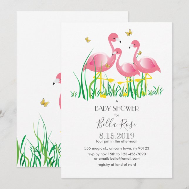 Rosa Flamingos Baby Shower Inbjudan (Fram/baksida)