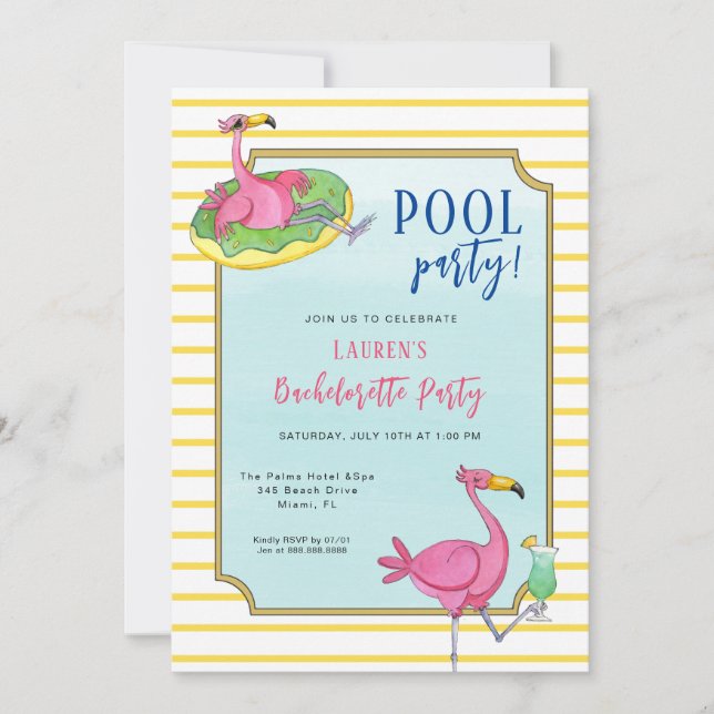 Rosa Flamingos Bassäng Bachelorette-partiet Inbjudningar (Framsida)
