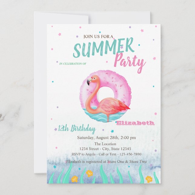 Rosa Flamingos Bassäng Flyter Födelsedagsfest Inbjudningar (Framsida)