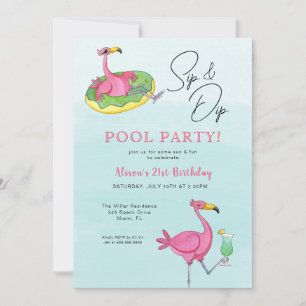 Rosa Flamingos Bassäng Födelsedagsfest inbjudan
