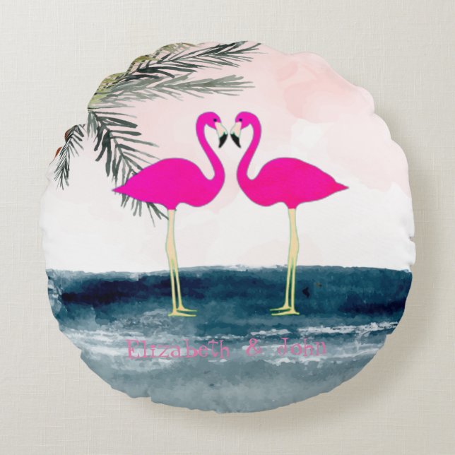 Rosa Flamingos Beach Rund Kudde (Framsidan)
