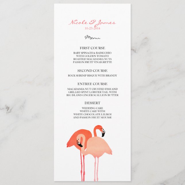 Rosa Flamingos Beach Wedding Menu Meny (Framsida)