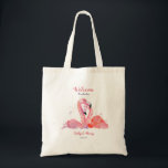 Rosa Flamingos Beach Wedding Welcome Tote Bag Tygkasse<br><div class="desc">Designat, särskilt för destinationsbröllop, strand eller tropiskt bröllop, hälsa dina gäster välkomna med denna flamingomisserade välkomstpåse. Men ger en trevlig gåva till brudar eller till stadsgäster. Fyll med lite sak som dina gäster kommer att uppskatta. Utformningen har ett par lågvattenfärger i rosa och anpassningsbarna, t.ex. bröllop, namn och bröllop. Redigera...</div>
