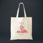 Rosa Flamingos Beach Wedding Welcome Tote Bag Tygkasse<br><div class="desc">Designat, särskilt för destinationsbröllop, strand eller tropiskt bröllop, hälsa dina gäster välkomna med denna flamingomisserade välkomstpåse. Men ger en trevlig gåva till brudar eller till stadsgäster. Fyll med lite sak som dina gäster kommer att uppskatta. Utformningen har ett par lågvattenfärger i rosa och anpassningsbarna, t.ex. bröllop, namn och bröllop. Redigera...</div>