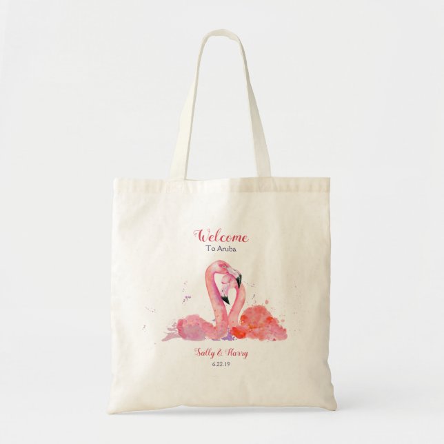 Rosa Flamingos Beach Wedding Welcome Tote Bag Tygkasse (Framsidan)