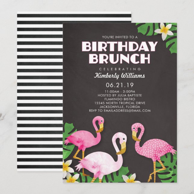 Rosa Flamingos Birthday Brunch Chalkboard Inbjudningar (Fram/baksida)