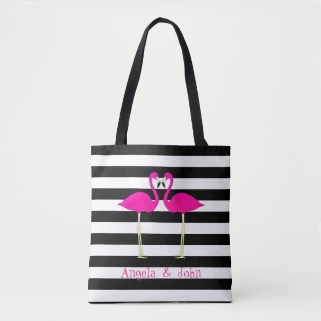 Rosa Flamingos, Black, White Rand Personlig Tygkasse (Framsida)