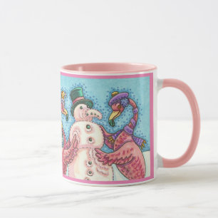 Rosa Flamingos Byggnads Snögubbe CHRISTMAS MUGG